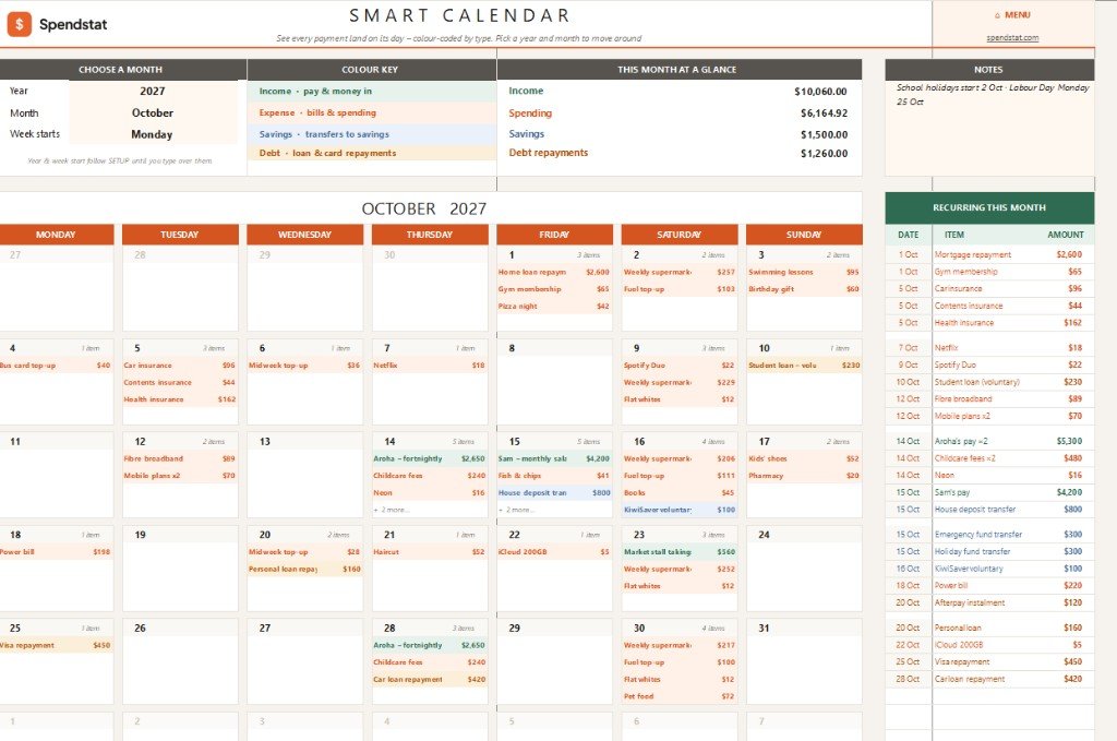 Smart calendar sample: October days colour-coded by income, spending, savings, and debt, with the month at a glance.